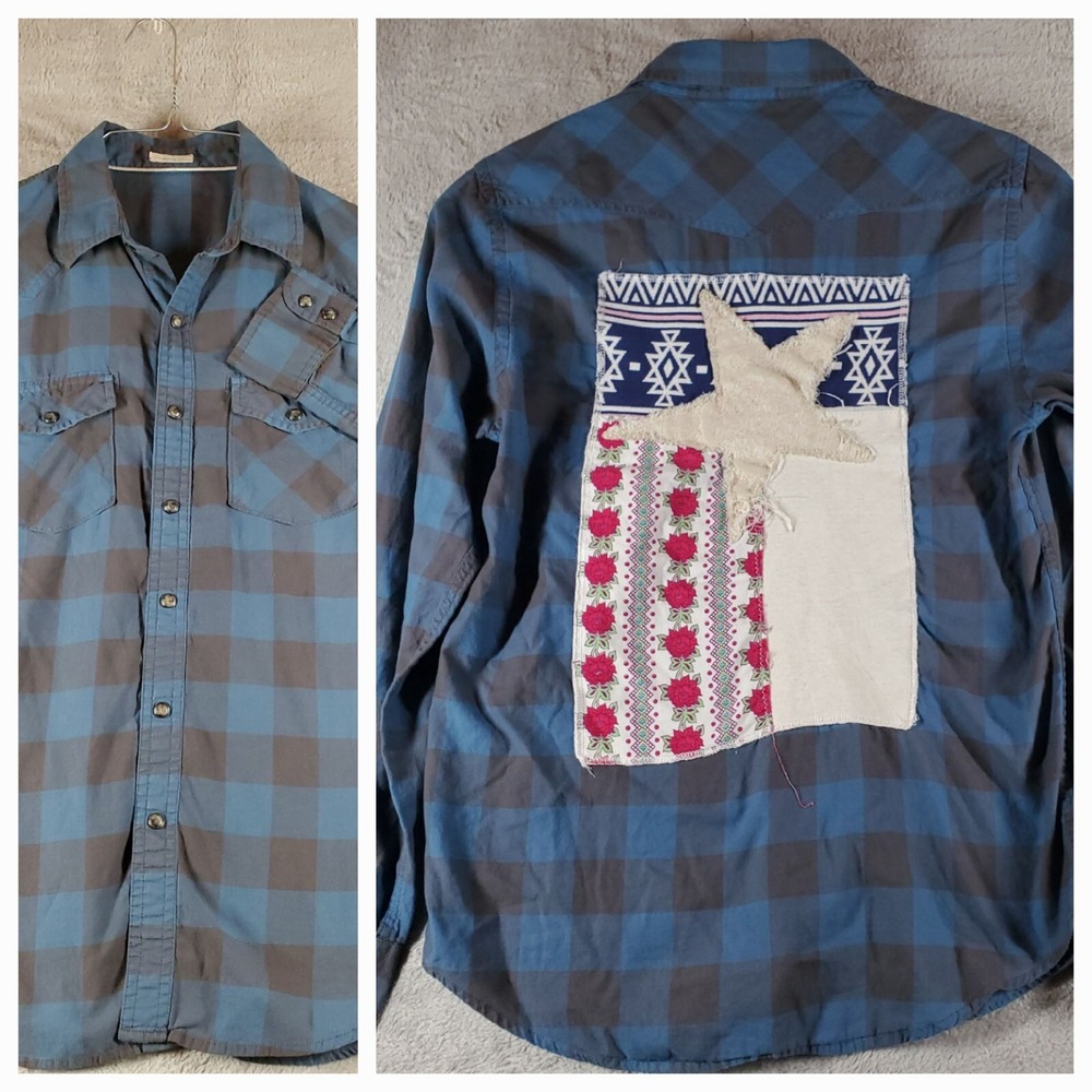 Blue Plaid Pearl Snap Western Cowboy Custom‎ Quilted Upcycled Texas Flag